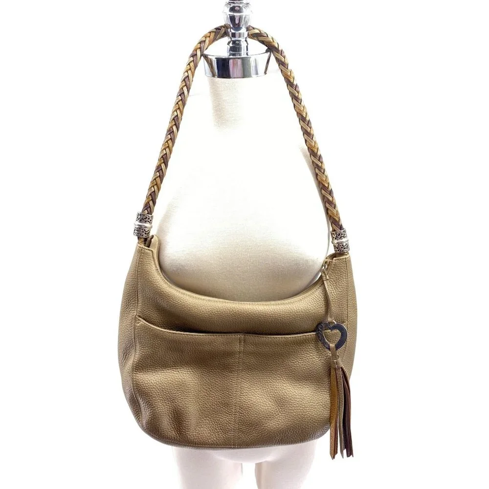 Brighton Barbados pebbled leather hobo purse handbag metallic gold braided handl